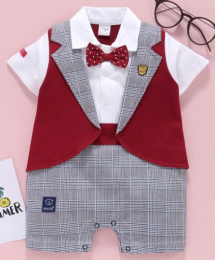 Olio Kids Half Sleeves Romper with Bow - Maroon