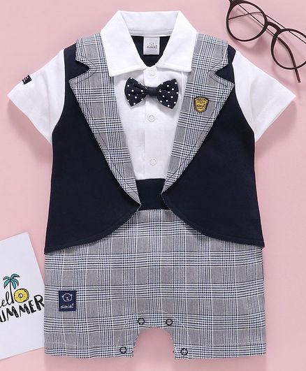 Olio Kids Half Sleeves Romper with Bow - Navy Blue