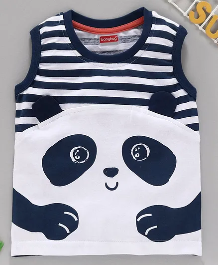 Babyhug Sleeveless Tee Panda Design - White Blue
