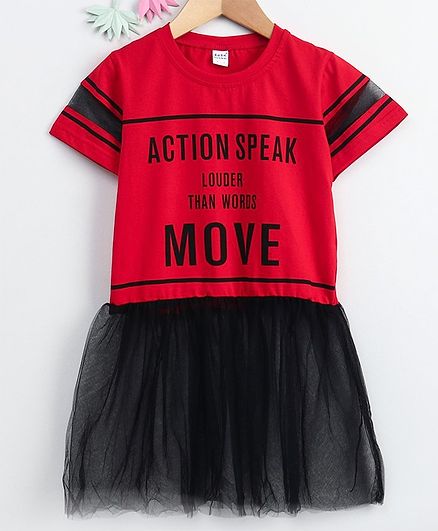 Meng Wa Half Sleeves Frock Text Print - Red & Black