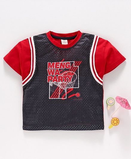 Meng Wa Half Sleeves Tee Text Print - Dark Grey Red