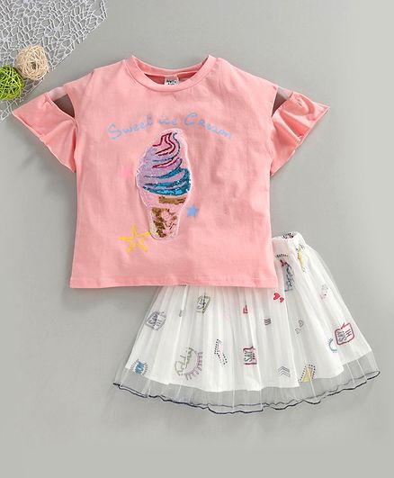 Kookie Kids Half Sleeves Top & Skirt Sequin Ice Cream Patch - Peach White