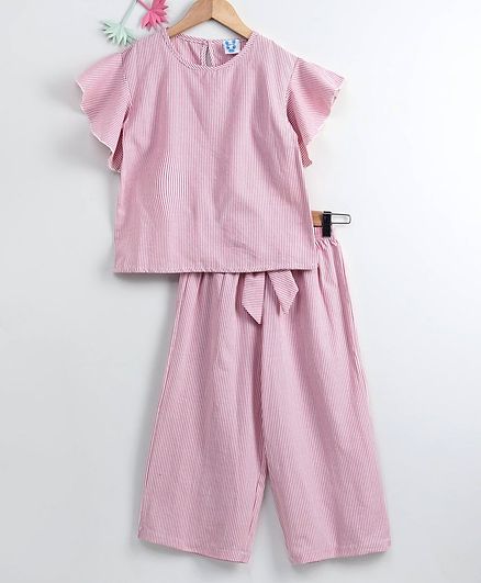 Kookie Kids Half Sleeves Striped Tee & Palazzo Pant - Pink