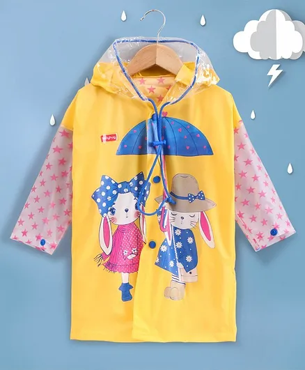 Babyhug Full Sleeves Hooded Raincoat With School Bag Provision - Yellow