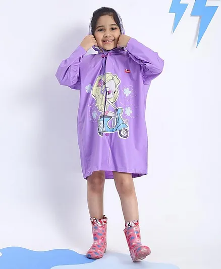 Babyhug Full Sleeves Raincoat Scooter Print - Purple