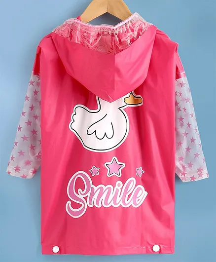 Babyhug Full Sleeves Hooded Raincoat Duck Print - Pink