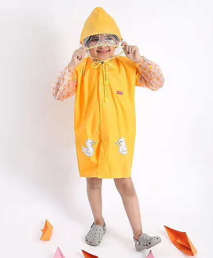 Babyhug Full Sleeves Hooded Raincoat Duck Print - Mustard Yellow