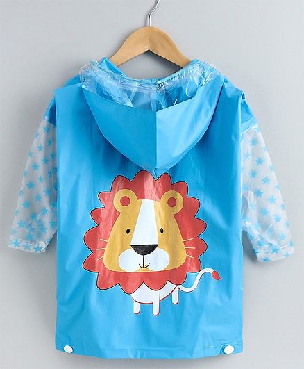 Babyhug Full Sleeves Hooded Raincoat Lion Print - Blue