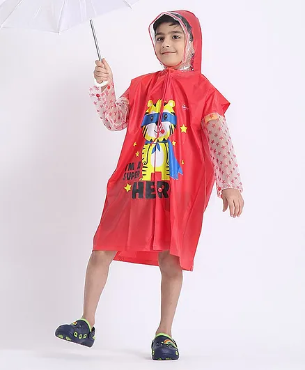 Babyhug Full Sleeves Raincoat Animal Print - Red