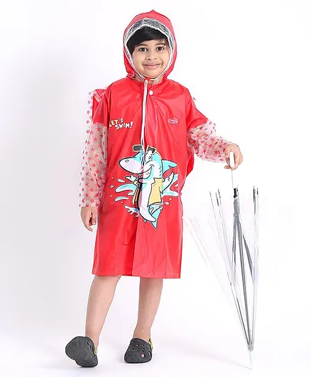 Babyhug Full Sleeves Hooded Raincoat With School Bag Provision - Red