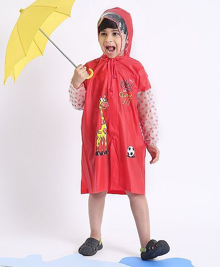Babyhug Full Sleeves Raincoat Animal Print - Red