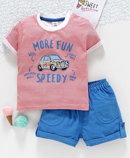 ToffyHouse Half Sleeves Tee & Shorts Car Print - Pink Blue