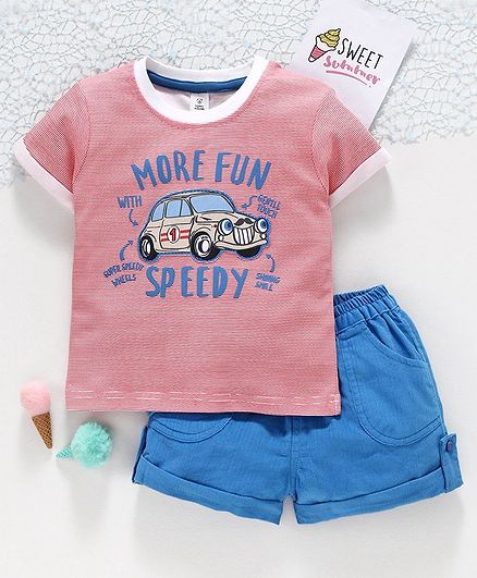 ToffyHouse Half Sleeves Tee & Shorts Car Print - Pink Blue