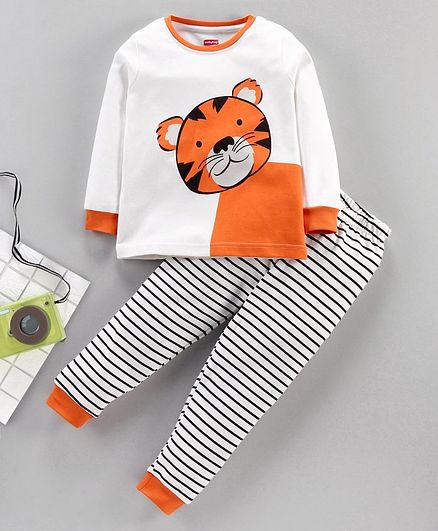 Babyhug Full Sleeves Night Suit Tiger Print - White Navy Blue
