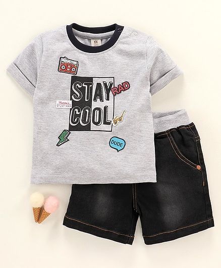 ToffyHouse Half Sleeves Tee & Denim Shorts Text Print - Grey Black
