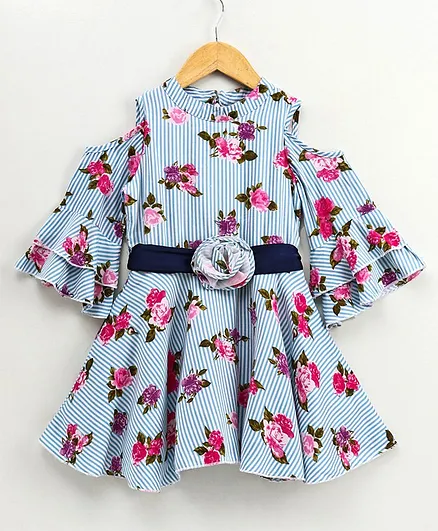Naughty Ninos Three Fourth Sleeves Flower Printed Cold Shoulder Dress - Light Blue