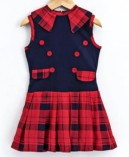 Naughty Ninos Checked Drop-Waist Sleeveless Dress - Red & Navy Blue