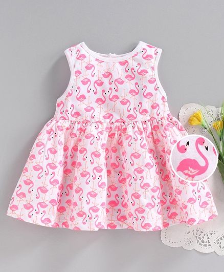 Ollypop Sleeveless Frock Flamingo Print - Pink White