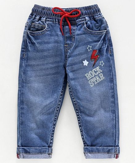 Babyoye Cotton Lycra Full Length Jeans Rock Star Print - Blue