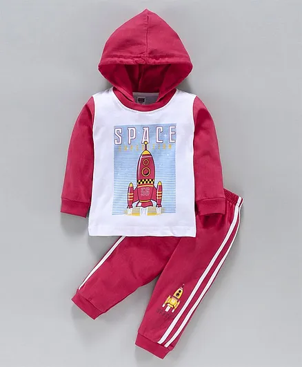 Nottie Planet Space Print Full Sleeves Hoodie With Track Pants - Dark Pink