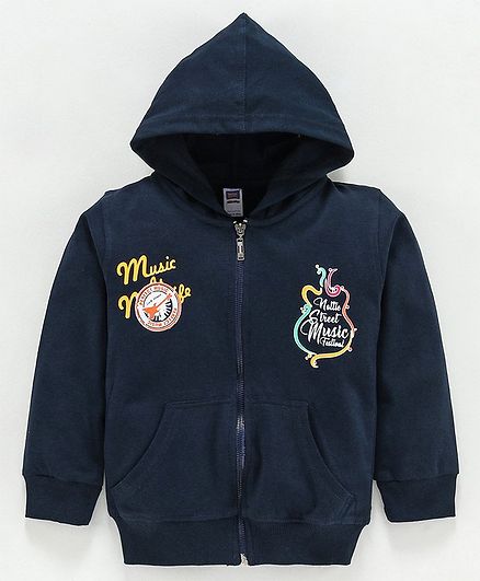 Nottie Planet Full Sleeves Music Print Hooded Jacket - Navy Blue
