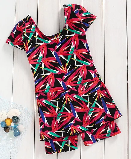 Lobster Short Sleeves Two Legged Swimsuit - Red Black