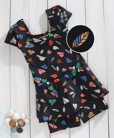 Lobster Short Sleeves Two Legged Swimsuit Feather Print - Black