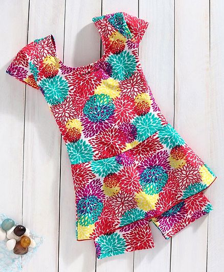 Lobster Short Sleeves Two Legged Swimsuit Feather Print - Red