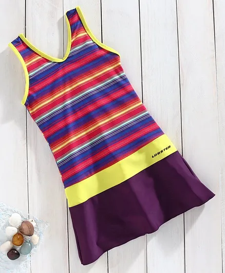 Lobster Sleeveless Striped Frock Style Swim Suit - Multicolour