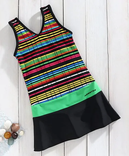 Lobster Sleeveless Striped Frock Style Swim Suit - Black Green