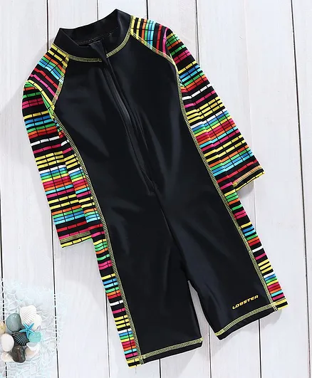 Lobster Raglan Sleeves Legged Swimsuit - Black