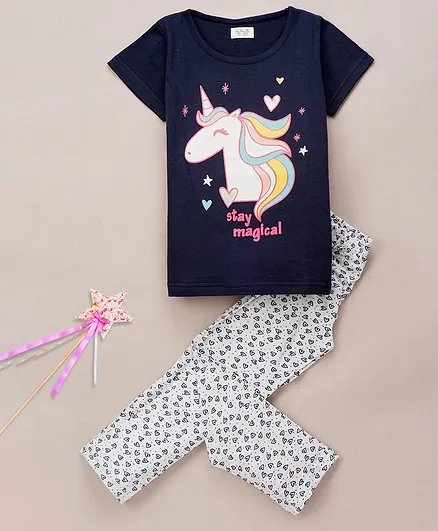 Sheer Love Unicorn Print Half Sleeves Night Suit - Navy Blue