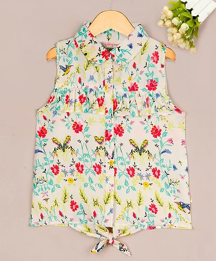 Budding Bees Bird & Flower Print Knotted Sleeveless Shirt Top - Off White