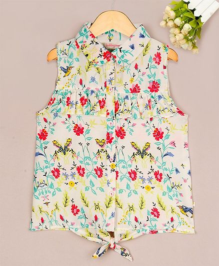 Budding Bees Bird & Flower Print Knotted Sleeveless Shirt Top - Off White