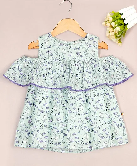 Budding Bees Floral Print Cold Shoulder Half Sleeves Top - Light Green