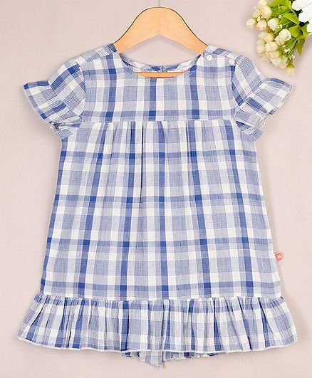 Budding Bees Checked Short Sleeves Dress - Blue