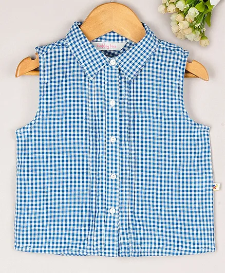 Budding Bees Sleeveless Gingham Checked Shirt Top - Blue