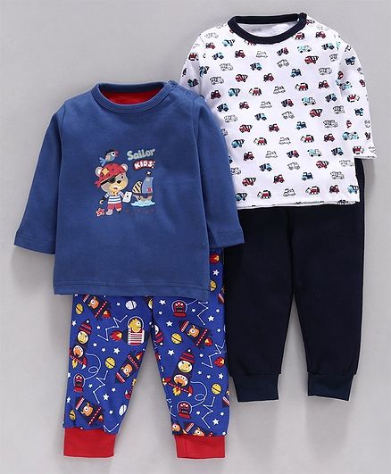Kidi Wav Set Of 2 Pairs Of Full Sleeves Cartoon & Construction Vehicle Printed Tee & Bottoms Set - Blue