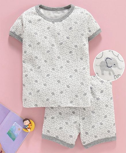 Yiyi Garden Half Sleeves Night Suit Elephant Print - Grey