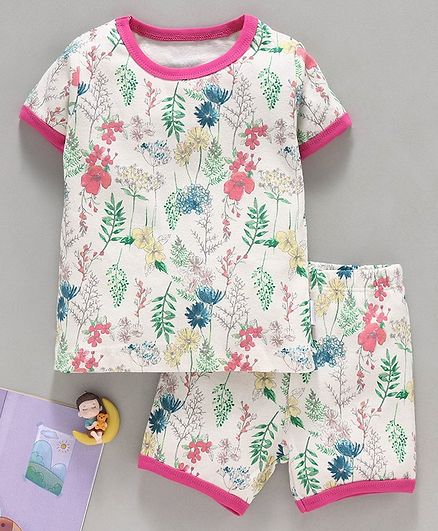 Yiyi Garden Half Sleeves Night Suit Floral Print - White Pink