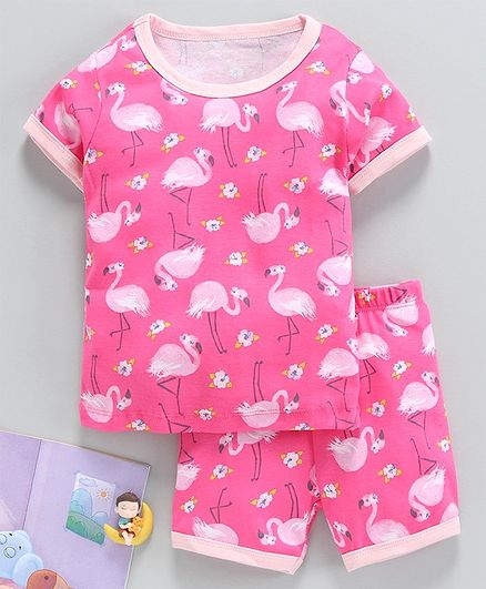 Yiyi Garden Half Sleeves Night Suit Flamingo Print - Dark Pink