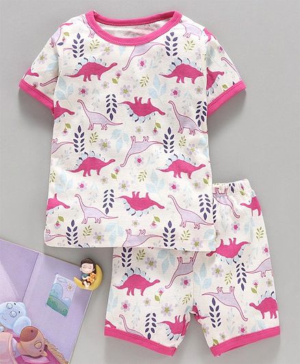 Yiyi Garden Half Sleeves Night Suit Dinosaurs Print - Off White Pink