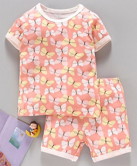 Yiyi Garden Half Sleeves Night Suit Butterfly Print - Orange