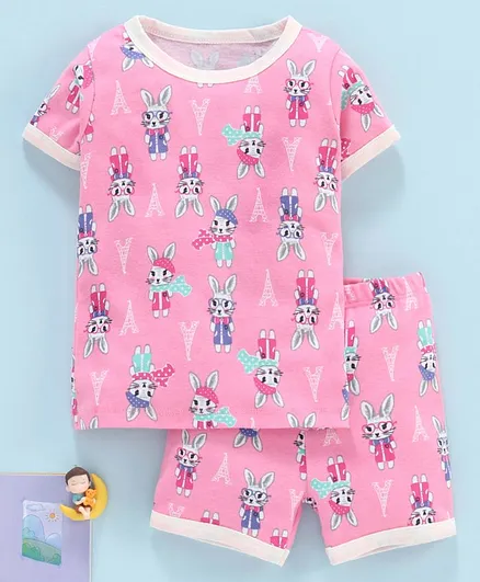 Yiyi Garden Half Sleeves Night Suit Bunny Print - Pink