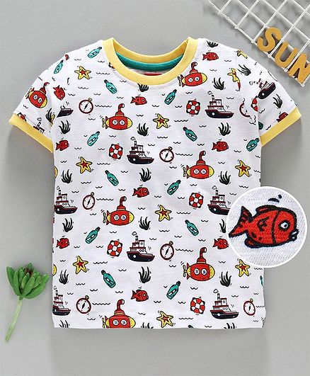 Babyhug Half Sleeves T-Shirt Fish Print - White