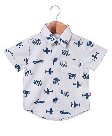 Nino Bambino 100% Organic Cotton Vehicle Printed Half Sleeves Shirt - White