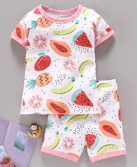Yiyi Garden Half Sleeves Night Suit Allover Fruit Print - White