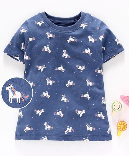 Kookie Kids Half Sleeves Tee Unicorn Print - Blue