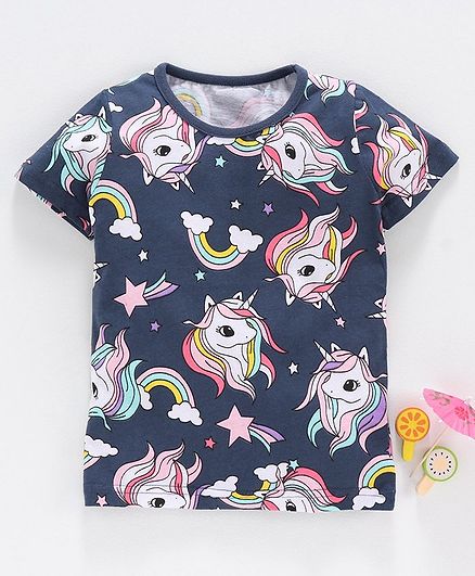 Kookie Kids Half Sleeves Tee Unicorn Print - Navy Blue