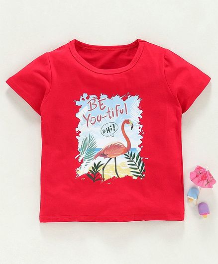 Kookie Kids Half Sleeves Tee Flamingo Print - Red